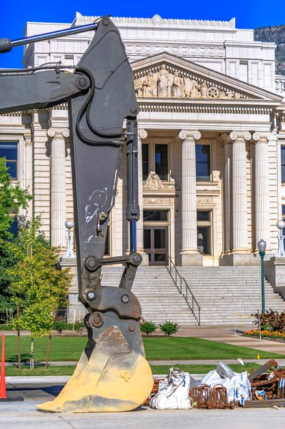 Statue against historic building in city