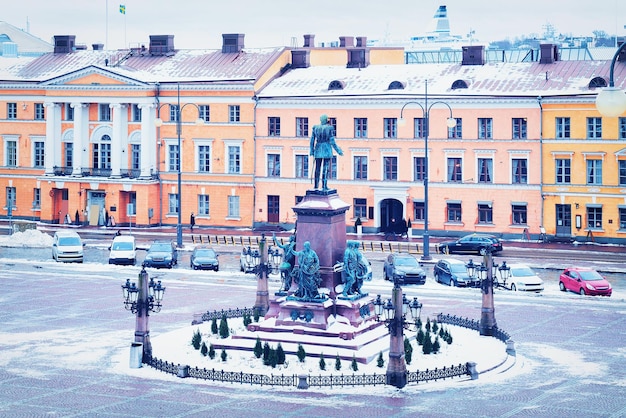 Statue of Alexander the Second at University of Helsinki on Senate Square in the center of Helsinki, Finland in winter.