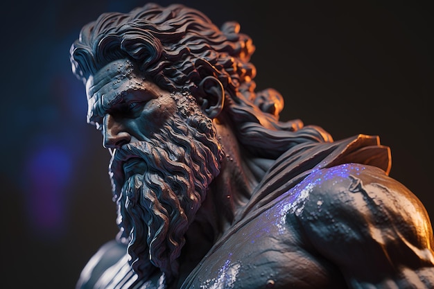 Foto statua dell'antico dio greco zeus su uno sfondo scuro