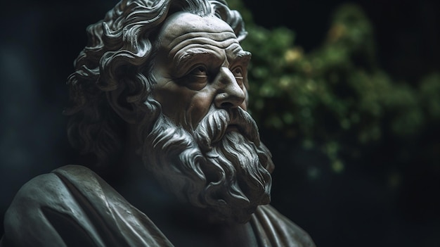 A statue of an ancient greek philosopher with a green plant in the background