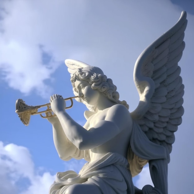 A statue of an angel playing a trumpet.