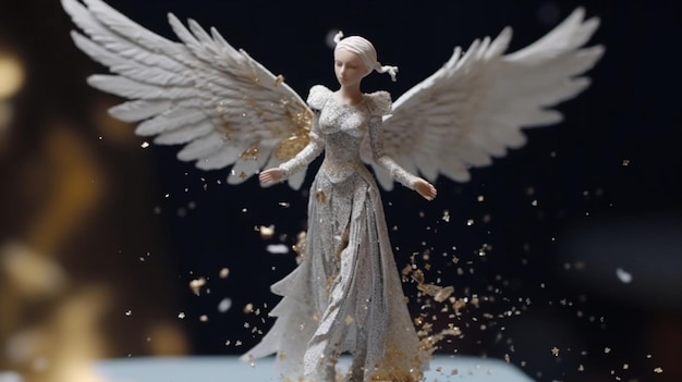 A statue of an angel with white wings and a black background