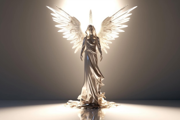 A statue of an angel with white wings and a light behind it.