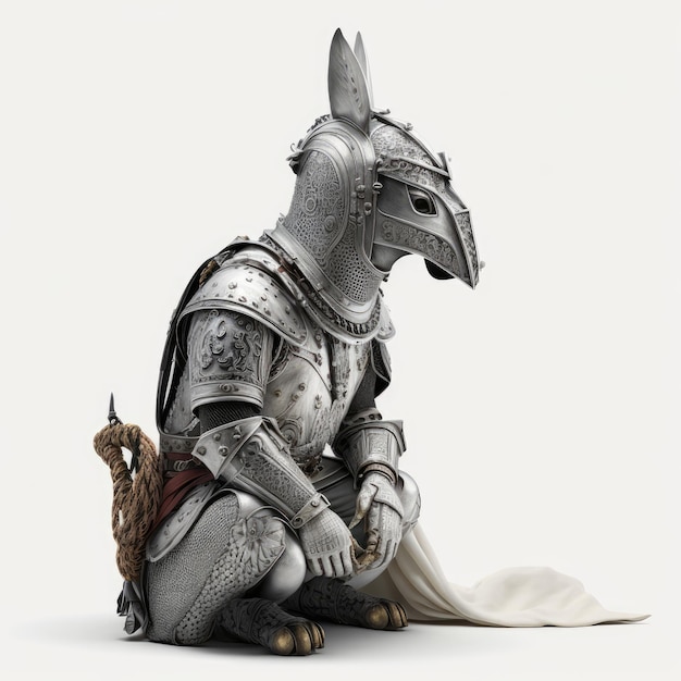 A statue of an animal wearing a suit with a dragon on it.