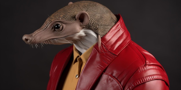 A statue of an anteater wearing a red jacket