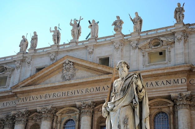 Statue of Apostle Paul in front of the St Peter's Basilica Vatican City Rome Italy