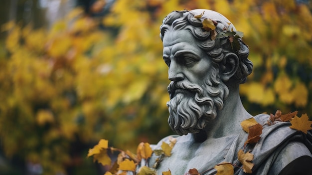 a statue of a bearded man surrounded by leaves