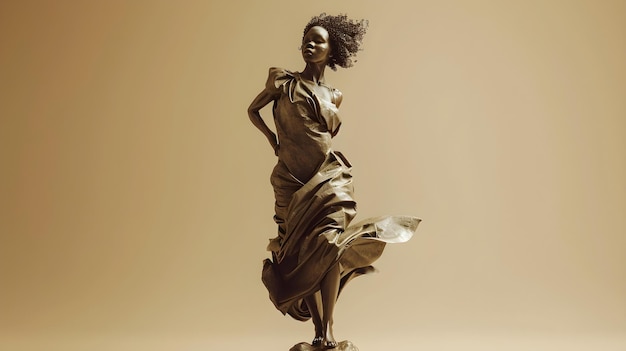 ベージュ色の背景に飛ぶドレスを着た美しいアフリカの若い女性の像