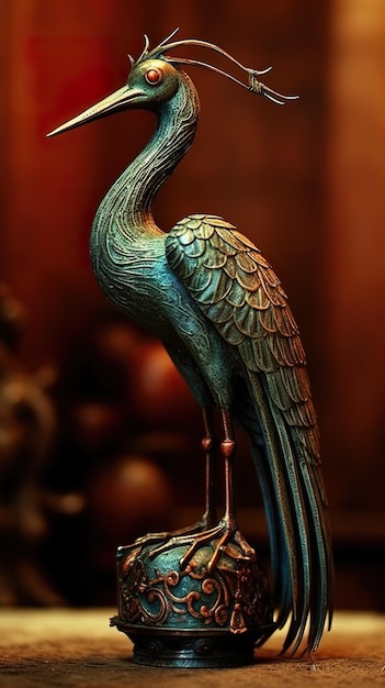 Una statua di un uccello in cima a un'immagine generativa ai del tavolo