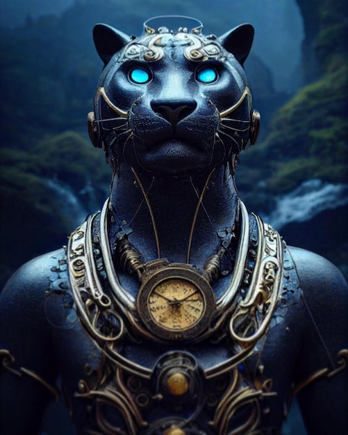 A statue of a black panther with a compass on it.