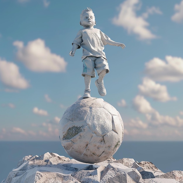"축구"라는 단어가 새겨진 공에 있는 소년의 동상