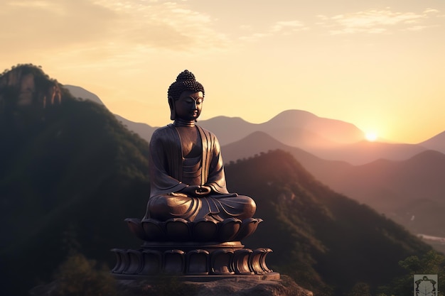 A statue of buddha in front of a mountain landscape with the sun setting behind it.