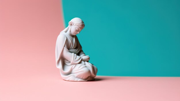 A statue of a buddha on a pink and blue background