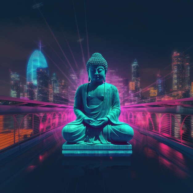 Photo a statue of buddha sits on a bridge in front of a city skyline.