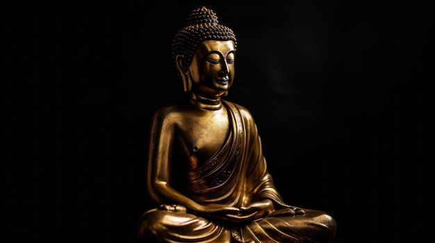 A statue of buddha sits in the dark.