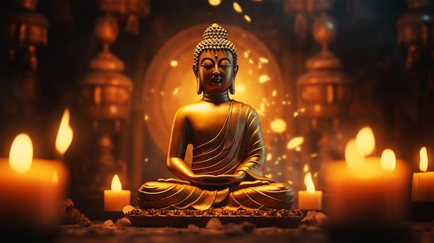 statue of buddha sits in front of a lit candle