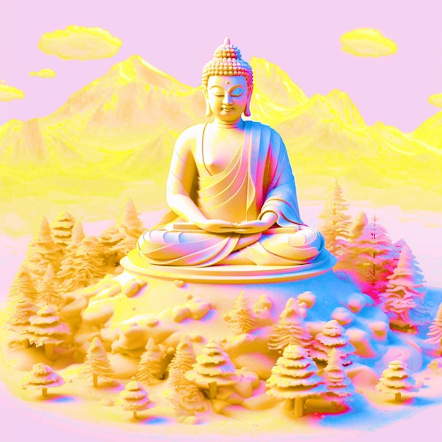 A statue of buddha sits in front of a mountain landscape