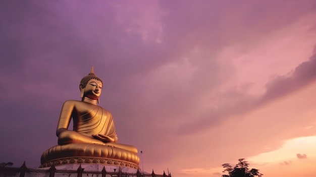 A statue of buddha sits in front of a purple sky.