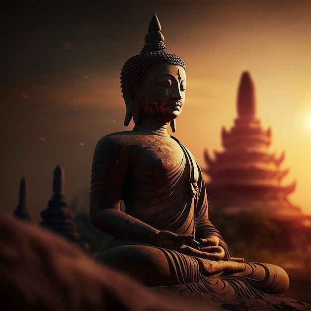 A statue of a buddha sits in front of a sun setting.