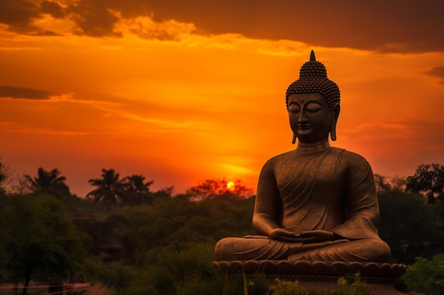 A statue of buddha sits in front of a sunset