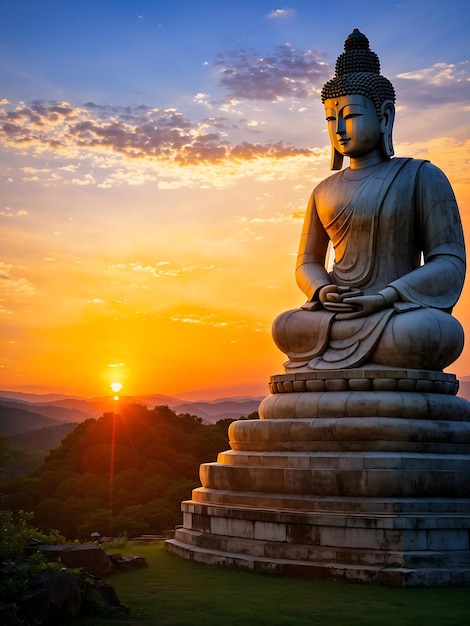 Foto una statua di buddha si trova di fronte a un tramonto