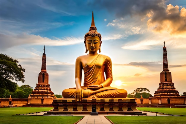 a statue of buddha sits in front of a temple.