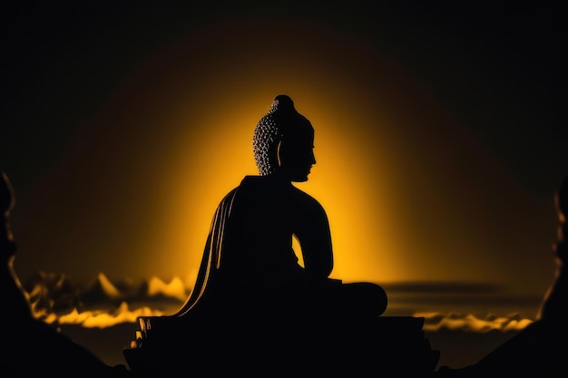 A statue of buddha sits in front of a yellow light.