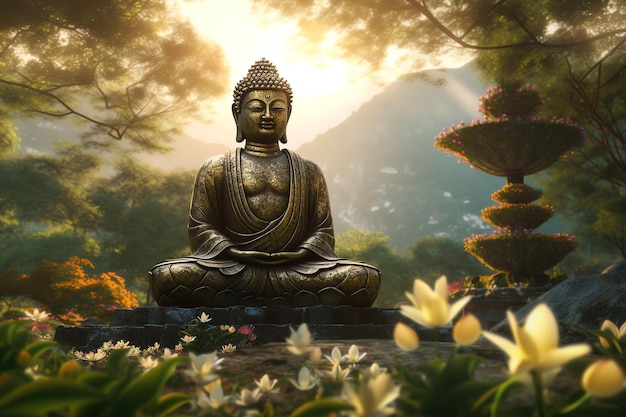 A statue of buddha sits in a garden with flowers in the background.