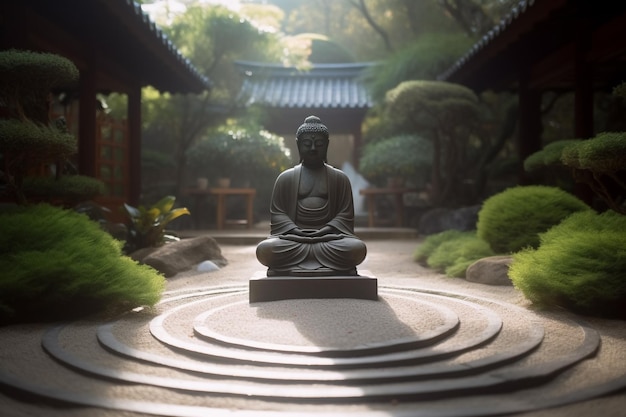 A statue of buddha sits in a garden with a japanese garden in the background.