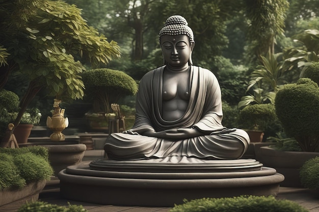 a statue of buddha sits in a garden.