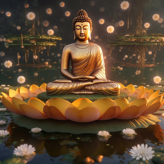 A statue of buddha sits in a lotus flower in a pond.