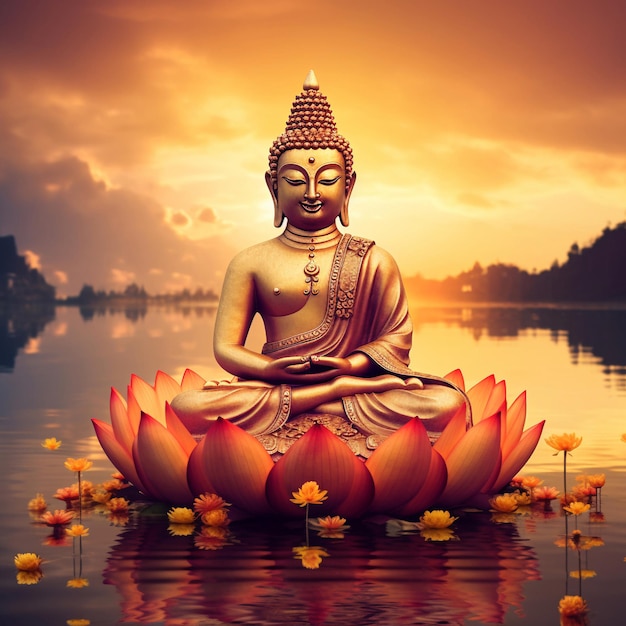 A statue of buddha sits on a lotus flower in the water.