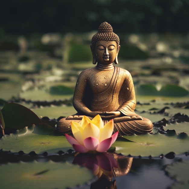 A statue of buddha sits in a pond with a lotus flower.
