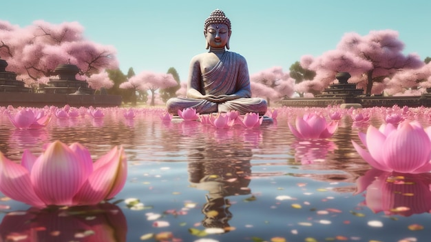A statue of buddha sits in a pond with lotus flowers in the background