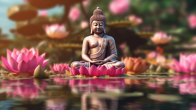 A statue of buddha sits in a pond with lotus flowers in the background