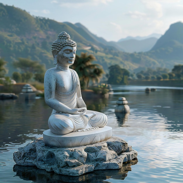 A statue of buddha sits on a stone in a lake