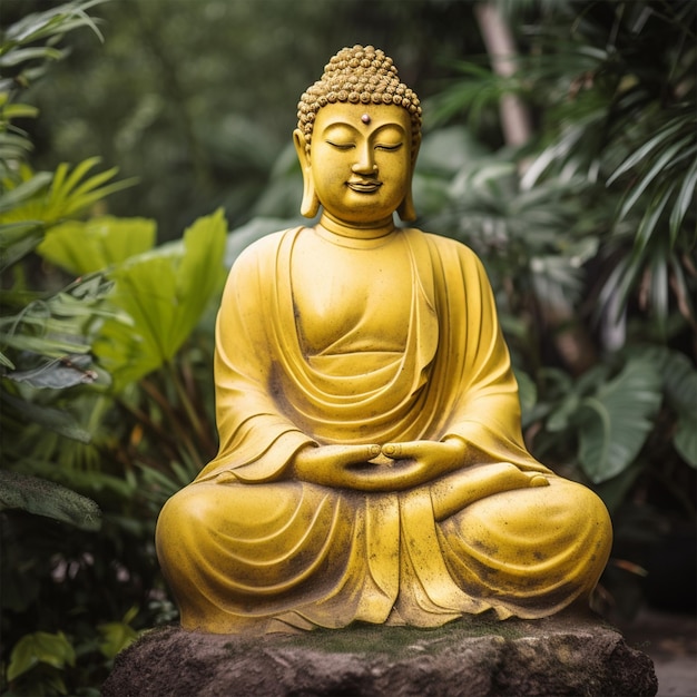 A Statue of a Buddha Sitting in a Garden with a Yellow Background