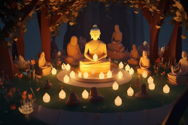 A statue of buddha surrounded by candles in a forest