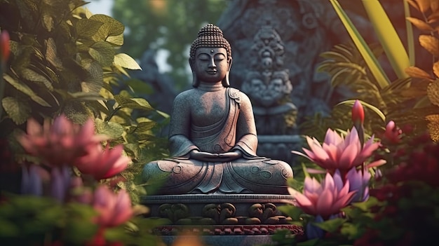 A statue of buddha surrounded by pink flowers