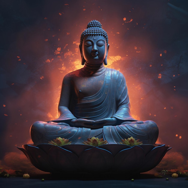 A statue of buddha with a burning background