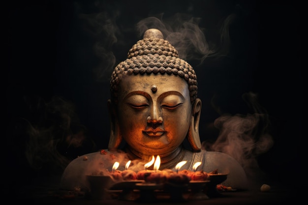 A statue of buddha with burning candles in the background