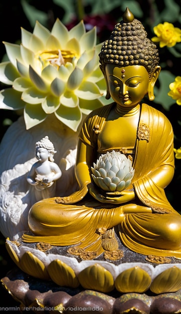 A statue of buddha with a flower in the background