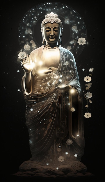 A statue of buddha with flowers and the words buddha on the left.