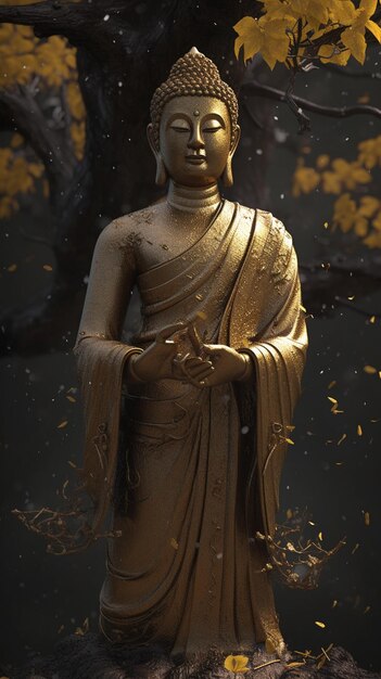 A statue of a buddha with gold leaves on the background