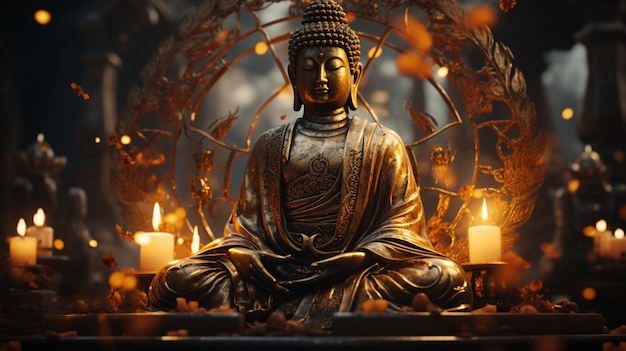 A statue of buddha with a golden halo