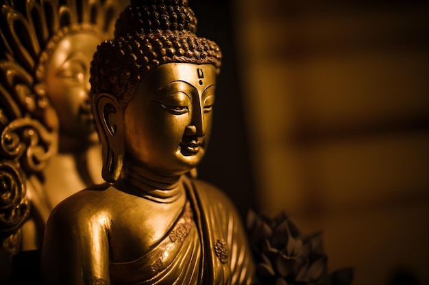 A statue of buddha with a lotus flower on the left side