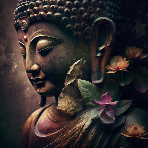 A statue of buddha with pink flowers and leaves around it