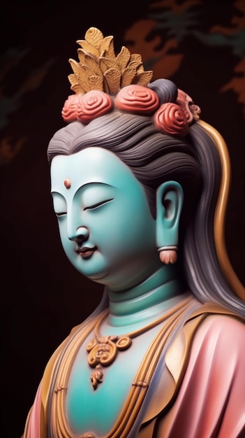 Foto una statua di un buddha con la testa rosa e un fiore sulla testa.