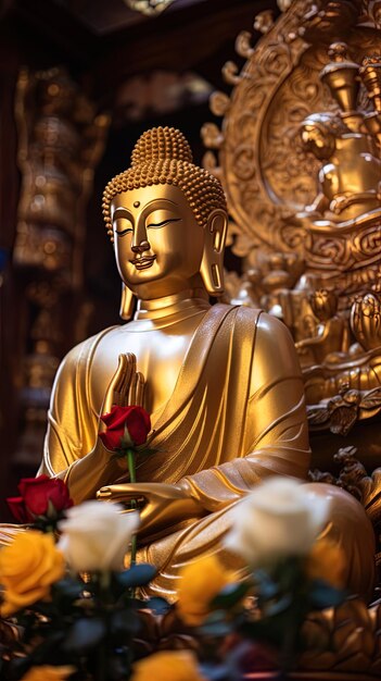 Photo a statue of buddha with roses in front of him