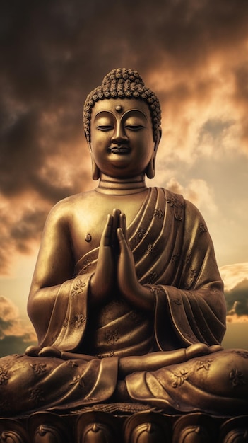 A statue of buddha with the sun behind it